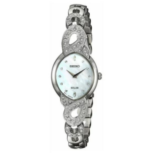 Seiko Solar Swarovski Crystal Accent Mother of Pearl Dial Women's Stainless Watch - Image 1